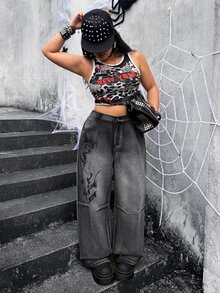 Jeanoix Y2K 90s Goth Plus Size Outdoor Concert Party Street Dark Abstract Print Black Grey Denim Wide Leg Pants Halloween Summer - Dark Grey - View 4
