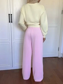 CovetEZ 2件組女款字母印花短版長袖運動衫與運動長褲休閒套裝，適合旅行，淡黃色與淺粉色，秋季款 - 彩色 - 查看 7
