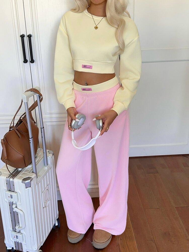 CovetEZ 2 Set Women's Letter Print Cropped Long Sleeve Sweatshirt And Sweatpants Casual Set Travel Pale Yellow Light Pink Autumn - Multicolor - View 9