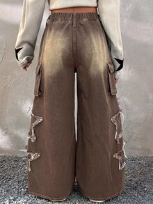 SHEIN 兒童青少年女孩休閒破洞星星圖案牛仔褲，日常穿著，秋季，返校服飾 - 棕色 - 查看 3