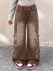 SHEIN 兒童青少年女孩休閒破洞星星圖案牛仔褲，日常穿著，秋季，返校服飾 - 棕色 - 查看 4