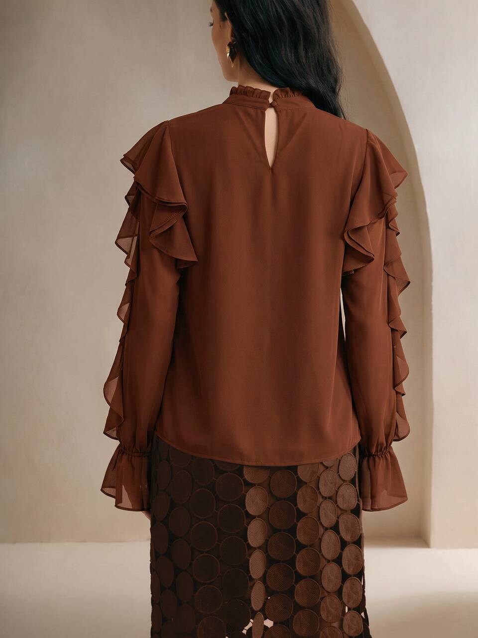 Women's Fall/Winter Elegant Stand Collar Multi-Layer Ruffle Bow Chiffon Long Sleeve Blouse Thanksgiving Daily Gathering Brunch Shades Of Brown