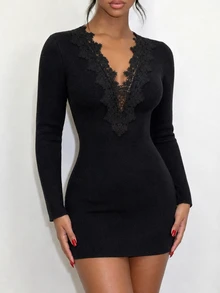 Selianne Gaun Sweater Pas Badan Seksi Wanita dengan Hiasan Renda - Hitam - View 3