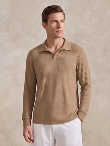 Courvante Men's Casual Solid Rib-Knit Long Sleeve Polo Shirt, Minimalist Versatile Daily Wear, Formal Fall - Khaki - View 1