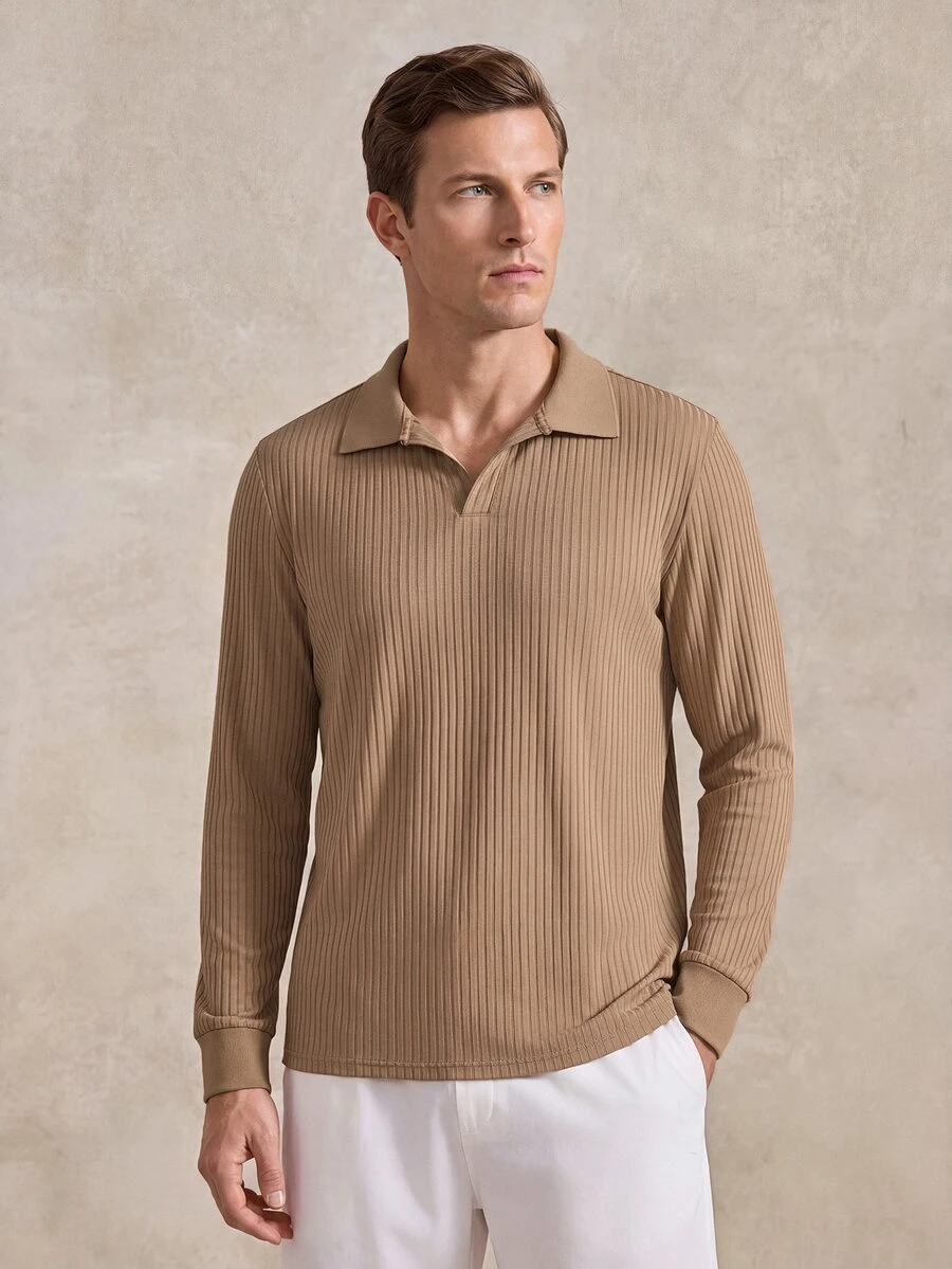 Courvante Men's Casual Solid Rib-Knit Long Sleeve Polo Shirt, Minimalist Versatile Daily Wear, Formal Fall - Khaki - View 1