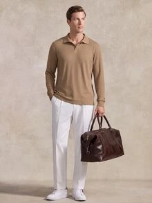 Courvante Men's Casual Solid Rib-Knit Long Sleeve Polo Shirt, Minimalist Versatile Daily Wear, Formal Fall - Khaki - View 2