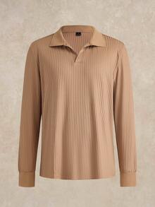 Courvante Men's Casual Solid Rib-Knit Long Sleeve Polo Shirt, Minimalist Versatile Daily Wear, Formal Fall - Khaki - View 3