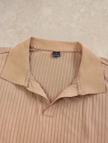 Courvante Men's Casual Solid Rib-Knit Long Sleeve Polo Shirt, Minimalist Versatile Daily Wear, Formal Fall - Khaki - View 5