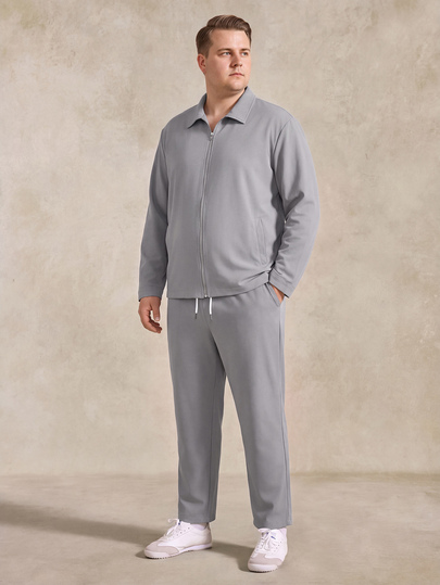 Courvante Plus Size Men's Casual 2 Pieces Grey Outfit,Autumn Zip-Up Jacket And Pants Set,Solid Color Simple Co-Ord Set,Dress Leisure Suits For Commute,Outdoor Fall Long Sleeve