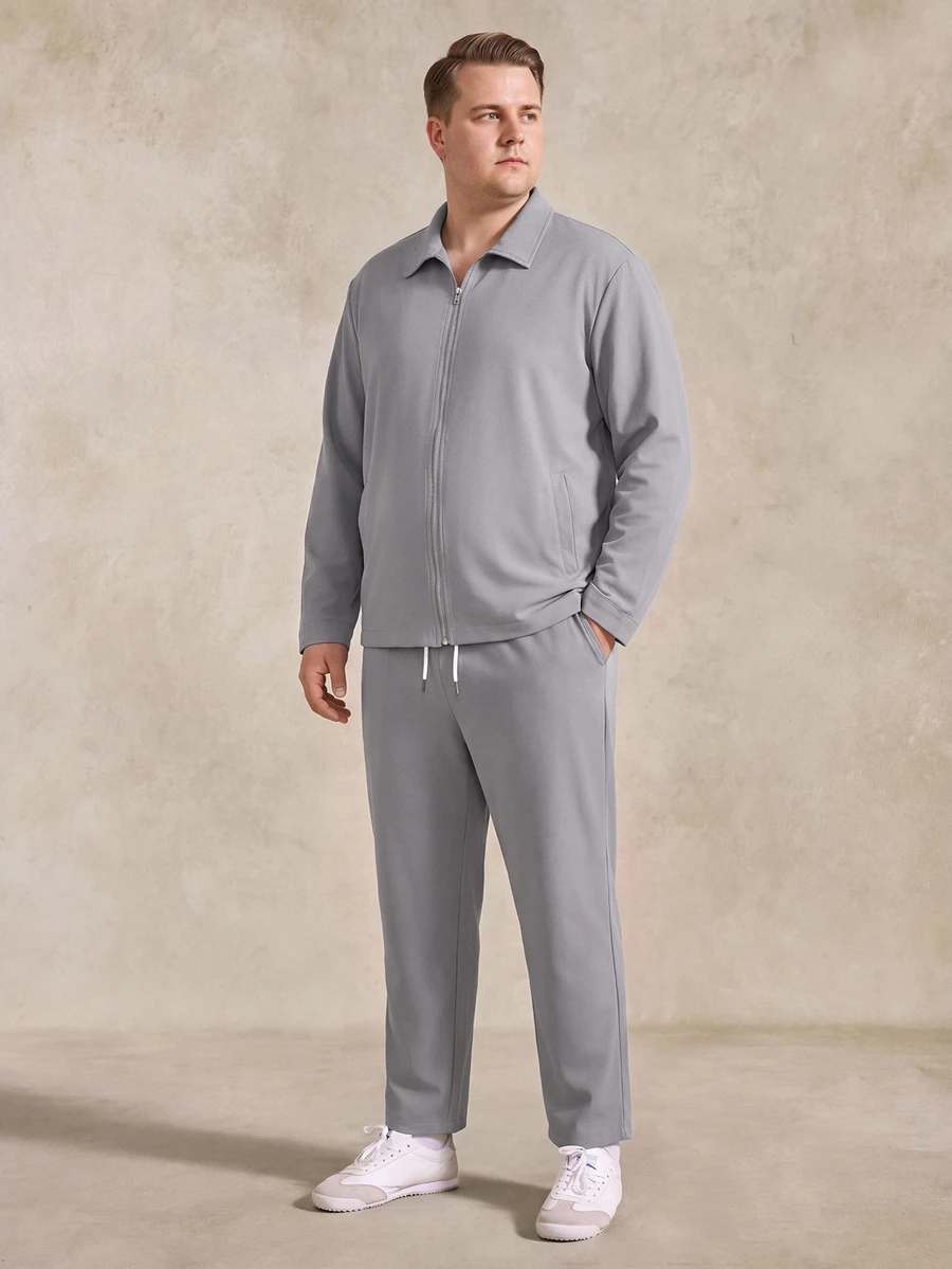 Courvante Plus Size Men's Casual 2 Pieces Grey Outfit,Autumn Zip-Up Jacket And Pants Set,Solid Color Simple Co-Ord Set,Dress Leisure Suits For Commute,Outdoor Fall Long Sleeve - Grey - View 1