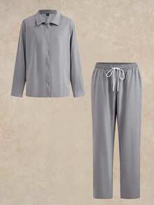 Courvante Plus Size Men's Casual 2 Pieces Grey Outfit,Autumn Zip-Up Jacket And Pants Set,Solid Color Simple Co-Ord Set,Dress Leisure Suits For Commute,Outdoor Fall Long Sleeve - Grey - View 3