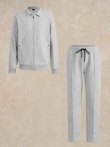 Courvante طقم رجالي كاجوال فضفاض بلون موحد من قطعتين، بدلة رياضية رمادية للمقاسات الكبيرة والطويلة، بنطال جوجر وأكمام طويلة للخريف - رمادي - مشاهدة 3