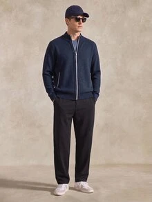 Courvante 男士博主風拼色羅紋針織長袖開襟衫，休閒百搭，秋冬商務日常通勤 - 藏蓝色 - 查看 2