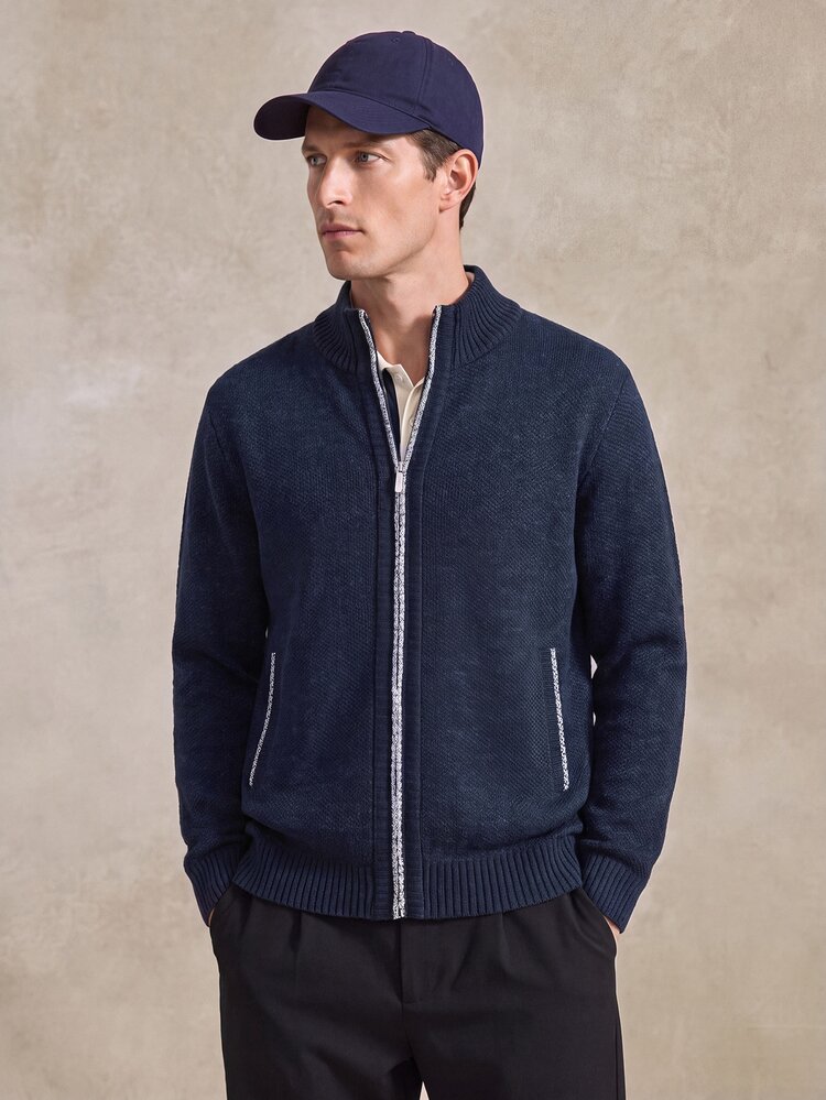 Courvante Men Blogger-Style Colorblock Ribbed Knit Sweater Long Sleeve Cardigan, Casual & Versatile, Autumn/Winter Business Daily Commute‌ Fall - Navy Blue - View 1