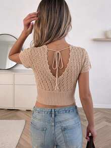 Serisse Women's Solid Color V-Neck Casual Versatile Daily Knit Top Fall Boho Coquette Crochet Pointelle - Brown - View 4
