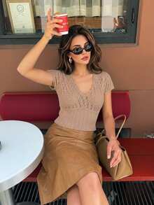 Serisse Women's Solid Color V-Neck Casual Versatile Daily Knit Top Fall Boho Coquette Crochet Pointelle - Brown - View 5