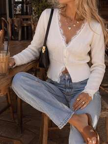 Serisse Women's Solid Color Contrast Lace Long Sleeve Single-Breasted Knit Cardigan,Fall/Winter Elegant Formal Business Chic Back To School Homecoming - Apricot - View 7