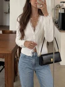 Serisse Women's Solid Color Contrast Lace Long Sleeve Single-Breasted Knit Cardigan,Fall/Winter Elegant Formal Business Chic Back To School Homecoming - Apricot - View 6