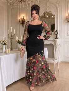 Roveilla Plus Size Women Elegant Mesh Embroidery Patchwork Asymmetrical Hemline Mesh Splice Party Slim Fit Long Dress Autumn Winter - Black - View 7