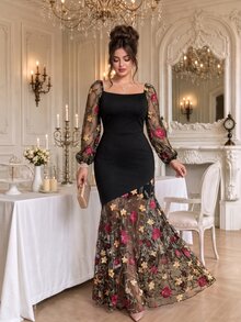 Roveilla Plus Size Women Elegant Mesh Embroidery Patchwork Asymmetrical Hemline Mesh Splice Party Slim Fit Long Dress Autumn Winter - Black - View 3