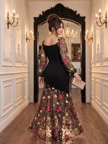 Roveilla Plus Size Women Elegant Mesh Embroidery Patchwork Asymmetrical Hemline Mesh Splice Party Slim Fit Long Dress Autumn Winter - Black - View 2