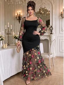 Roveilla Plus Size Women Elegant Mesh Embroidery Patchwork Asymmetrical Hemline Mesh Splice Party Slim Fit Long Dress Autumn Winter - Black - View 1