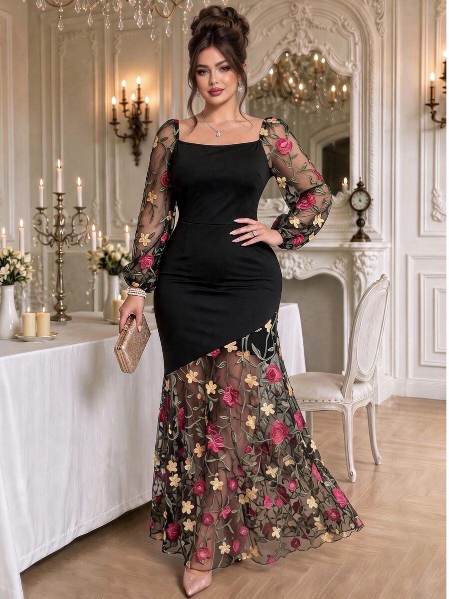 Roveilla Plus Size Women Elegant Mesh Embroidery Patchwork Asymmetrical Hemline Mesh Splice Party Slim Fit Long Dress Autumn Winter - Black - View 1