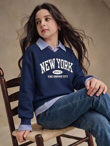 SHEIN 青少年女孩秋季衛衣，休閒學院風，2合1襯衫領衛衣，數字與字母印花豹紋，寬鬆保暖，秋季穿搭 - 藍色 - 查看 2