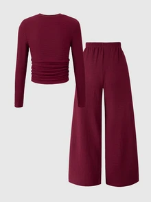 SHEIN Tween Girls Fall Tops 2 Pieces Set Casual, Knit, Back To School, Vintage, Slim, Fall Clothes, Fall, Holiday Outfits - Burgundy - View 2