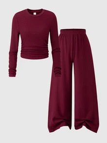 SHEIN Tween Girls Fall Tops 2 Pieces Set Casual, Knit, Back To School, Vintage, Slim, Fall Clothes, Fall, Holiday Outfits - Burgundy - View 3