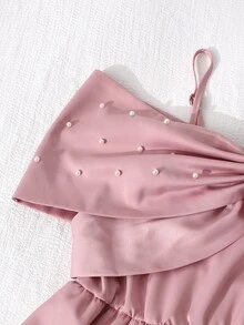 SHEIN 女童柔粉色優雅夏季派對緞面大蝴蝶結袖、仿珍珠裝飾蝴蝶結與圍領A字裙，適合聖誕舞會、婚禮賓客、正式禮服 - 粉色 - 查看 9