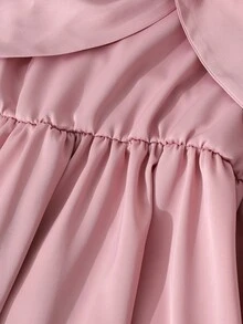 SHEIN 女童柔粉色優雅夏季派對緞面大蝴蝶結袖、仿珍珠裝飾蝴蝶結與圍領A字裙，適合聖誕舞會、婚禮賓客、正式禮服 - 粉色 - 查看 7