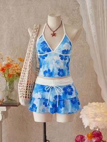 Bellisia 女士春夏沙滩音乐节印花撞色裹身系带荷叶边下摆半身裙三件套 - 彩色 - 查看 1