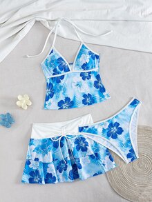 Bellisia 女士春夏沙滩音乐节印花撞色裹身系带荷叶边下摆半身裙三件套 - 彩色 - 查看 7