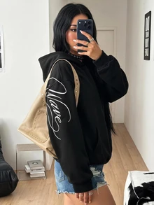 Coolane 女款秋冬保暖內裡長袖刺繡圖案連帽衛衣，附口袋，黑色休閒外出連帽衫 - 黑色 - 查看 1