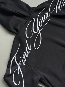 Coolane 女款秋冬保暖內裡長袖刺繡圖案連帽衛衣，附口袋，黑色休閒外出連帽衫 - 黑色 - 查看 7