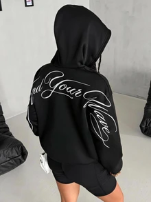 Coolane 女款秋冬保暖內裡長袖刺繡圖案連帽衛衣，附口袋，黑色休閒外出連帽衫 - 黑色 - 查看 3