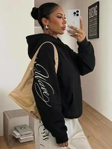 Coolane 女款秋冬保暖內裡長袖刺繡圖案連帽衛衣，附口袋，黑色休閒外出連帽衫 - 黑色 - 查看 5