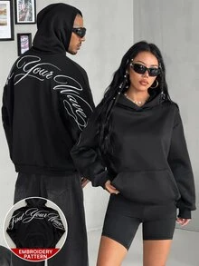 Coolane 女款秋冬保暖內裡長袖刺繡圖案連帽衛衣，附口袋，黑色休閒外出連帽衫 - 黑色 - 查看 2