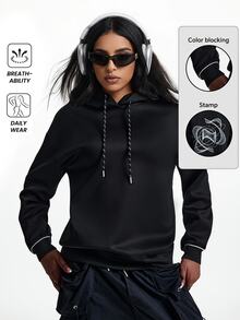 Innovista Innovista Women's Solid Color Drawstring Hooded Sports Sweatshirt Tracksuit Top Gym Sportswear Activewear Cozy Loungewear Daily Wear Fall Winter - Black - View 8