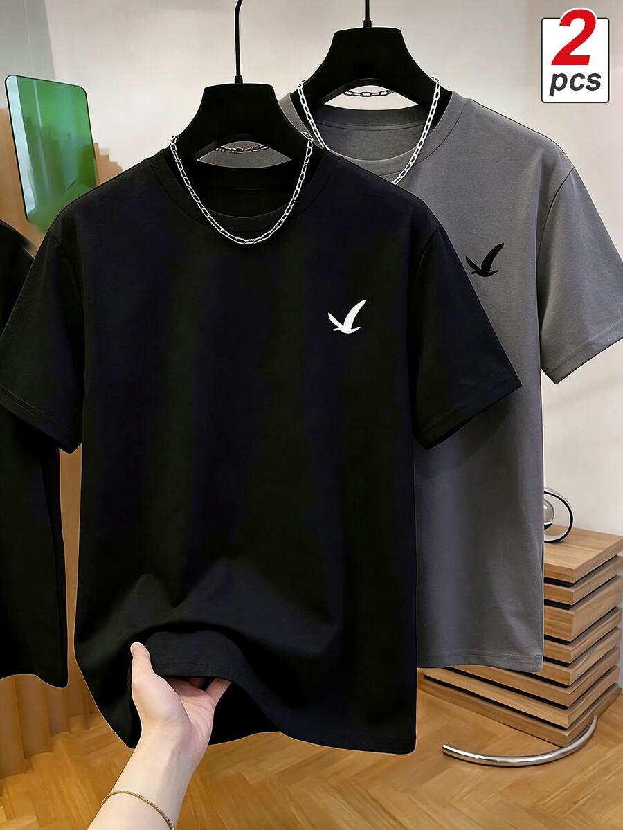 SHEIN 2 件套青少年男孩鹰印花圆领休闲 T 恤 - 彩色 - 查看 1