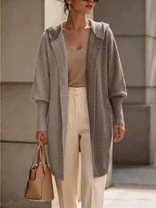 Balvessa Women's Hooded Cardigan With Dropped Shoulders, Ribbed Placket, Minimalist Versatile Casual Relaxed Fit Office Khaki Autumn - Multicolor - View 5