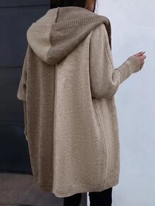 Balvessa Women's Hooded Cardigan With Dropped Shoulders, Ribbed Placket, Minimalist Versatile Casual Relaxed Fit Office Khaki Autumn - Multicolor - View 1