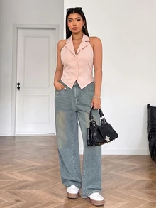 SHEIN EZwear 卡其色大尺碼女款翻領掛脖修身西裝背心 - 卡其色 - 查看 4