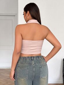 SHEIN EZwear 卡其色大尺碼女款翻領掛脖修身西裝背心 - 卡其色 - 查看 2