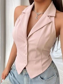 SHEIN EZwear 卡其色大尺碼女款翻領掛脖修身西裝背心 - 卡其色 - 查看 1