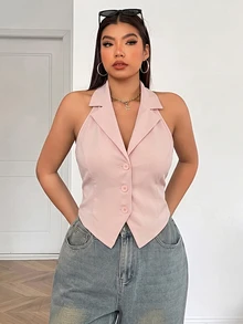 SHEIN EZwear 卡其色大尺碼女款翻領掛脖修身西裝背心 - 卡其色 - 查看 5
