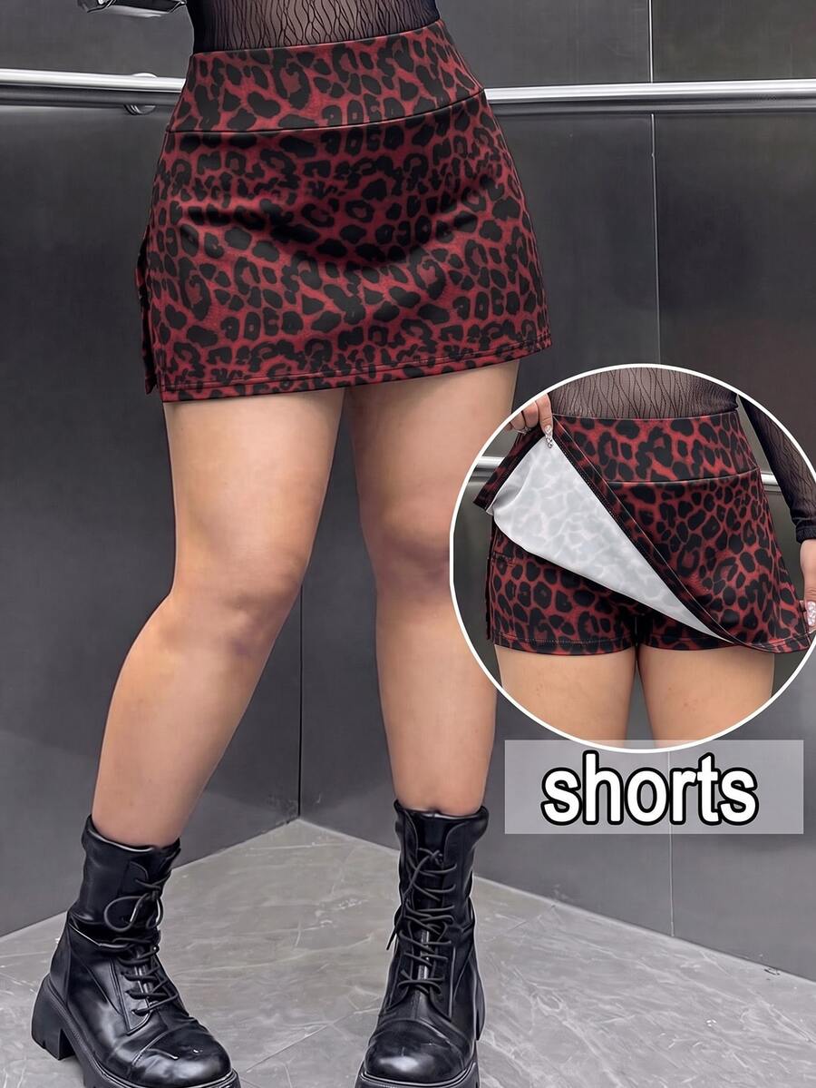 Muchica Women's Plus Size Fashion Leopard Print Skirt Fall - Burgundy - View 1