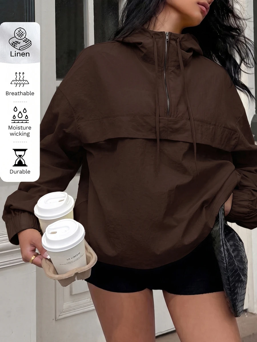 Muchica Chocolate Brown Casual Plus Size Women's Dropped Shoulder Long Sleeve Hooded Jacket Fall - Chocolate Brown - View 1