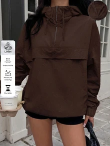 Muchica Chocolate Brown Casual Plus Size Women's Dropped Shoulder Long Sleeve Hooded Jacket Fall - Chocolate Brown - View 6